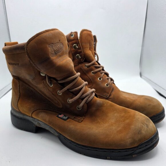 Justin Mens Size 9 D Brown Work Boots Waterproof Outdoors Casual Walking - Picture 1 of 13